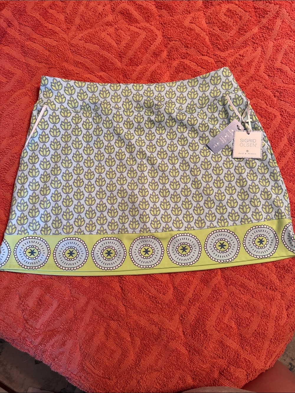 Sigrid Olsen Lime and Light Blue Printed Border Mini Skirt